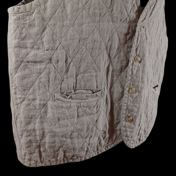 Vtg Adirondack L Quilted Linen Vest Tan Neutral Outdoorsy Fall Cottagecore Layer - Picture 5 of 8